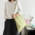 Grass green floral cotton tote bag with white flower patterns and slim shoulder strap - Standard Large / Wasabi Green