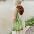 Eco-friendly cotton tote bag featuring green and blue vertical stripes for summer beach use - Standard Large / Fruit Green Vertical Stripes