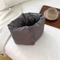 Detail of grey down-filled neck warmer with snap buttons on a cozy white blanket - 15*65cm / Gray