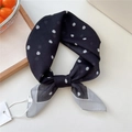 Classic black and white polka dot cotton linen square scarf tied in a bow shape - Irregular Dots Black (15be)