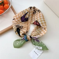 Yellow plaid silk scarf with butterfly and floral prints in a bow shape - Yellow Butterfly Checkerboard (2be)