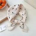 Polka dot small square scarf in beige cotton linen fabric with black dots and tag - Irregular Dots Beige (17be)