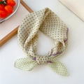 Elegant beige square scarf with green polka dots and purple borders in a stylish knot - Green And Purple Polka Dot