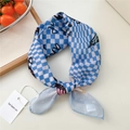 Blue and white checkered cotton linen scarf with butterfly print and script design - Blue Butterfly Checkerboard (4be)