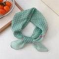 Mint green polka dot cotton-linen square scarf tied in a bow with pink edges - Green And Pink Polka Dot