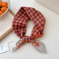 Retro orange polka dot silk scarf with blue geometric patterns and brand tag detail - Two-tone Dot Grid Shiny Frame Orange (20be)