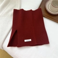 Detail of burgundy wool knit neck warmer featuring vertical rib texture and side split - Red (WB0013)