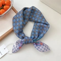 Navy blue and brown polka dot retro silk scarf tied in a stylish knot on a table - Two-tone Dot Grid Shiny Frame Blue (22be)