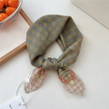Retro plaid and floral silk scarf in Morandi green and orange tones tied in a knot - Two-tone Dot Grid Shiny Frame Green (23be)