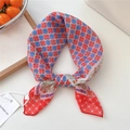 Retro red and blue polka dot silk scarf displayed with floral patterns and a gift tag - Two-tone Dot Grid Shiny Frame Beige (24be)
