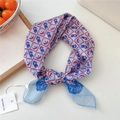 Chic pink and blue polka dot silk scarf with cartoon girl pattern and mesh ends - Little Red Riding Hood Grid Blue (26be)