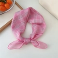 Pink checkered cotton linen small square scarf tied in a knot for women - Pink Plaid