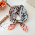 Retro floral print cotton linen square scarf in pastel colors with brand hangtag - Colorful Flower Drops Yellow (30be)