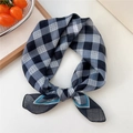 Blue and grey plaid square scarf for women featuring a lightweight semi-sheer texture - Black Plaid