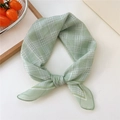 Light green plaid cotton linen small square scarf with white grid pattern on beige background - Green Plaid