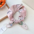 Pink polka dot square scarf with blue floral pattern and cotton linen texture - Patchwork Floral Wave Frame Green (33be)