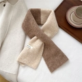 Close-up of knit scarf showing thick woven texture and woven BOOM PLAN label - Beige Camel Patchwork (3BOOM PLAN)
