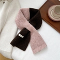 Close-up of pink and brown knitted scarf with woven label on a wooden tray with coffee - Brown Pink Patchwork (4BOOM PLAN)