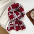 Detail of red and grey plaid knit scarf with soft brushed texture on a white fabric background - 22*170cm / Red and Grey Plaid (5红英格STANNVN酒红)