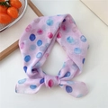 Pink cotton linen scarf with colorful polka dots tied as an elegant hair band accessory - Colorful Drops Purple
