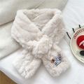 Detail of embroidered cartoon puppy patch on plush cream faux fur winter scarf - 12*92cm / Beige