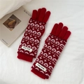 Detalle de guantes de punto jacquard rojos y blancos con diseño sin dedos y etiqueta - Talla única / Jacquard Rojo Casa de Doble Capa (1DD双层小屋T红)