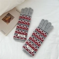 Detalle de guantes de punto grises con patrón rojo y etiqueta de marca en tela - Talla única / Jacquard Gris Casa de Doble Capa (3DD双层小屋T灰)