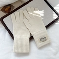 Detailed view of cream knit gloves featuring elastic ribbed cuffs and brand woven label - Cream White (1HILLDI)