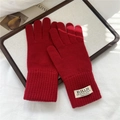 Detail of red knit gloves showing dense texture and ribbed cuff with a woven logo tag - Simple Red (3HILLDI)