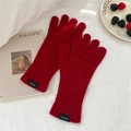 Detailed macro view of red wool knit gloves showing fine texture and 100% wool label - One Size / Red