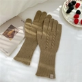 Detail of cable knit wool gloves with 100% wool label in warm aesthetic setting - One Size / Cable Knit Full Finger Gloves (8WOOL Leather Label) / Olive Green