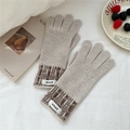 Detail of beige knit gloves with geometric pattern and woven label on cozy background - Beige