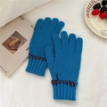 Close-up of dark blue knit gloves featuring red hand-stitched details and ribbed cuffs - Blue (Red Stitching)
