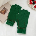 Detail of green thick knitted gloves with ribbed cuffs and brown hand-stitched embroidery - One Size / Fingered Gloves (Two Fingers Exposed) / Green
