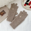 Detailed knit texture of khaki diamond-patterned convertible mittens with brand tag - Coffee