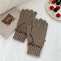 Close-up of thick knitted gloves with red stitching detail and minimalist texture - One Size / Fingered Gloves (Two Fingers Exposed) / Coffee