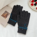 Detail of dark grey knit gloves featuring bright blue hand-stitched rib cuff accents - One Size / Fingered Gloves (Two Fingers Exposed) / Gray