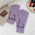 Detailed view of purple knit gloves with black decorative stitching on a white background - One Size / Fingered Gloves (Two Fingers Exposed) / Purple