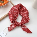 Red cotton linen square scarf with small white floral print and delicate edges - Flower Leaf White Frame Red