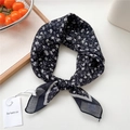 Chic black cotton linen neckerchief with white floral patterns and elegant white border - Flower Leaf White Frame Black