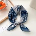 Navy blue and off-white floral cotton linen square scarf with paisley pattern print - 01be-Geometric Floral Navy