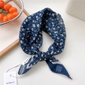 Dark blue floral cotton linen square scarf with delicate white flower patterns - Flower Leaf White Frame Navy Blue