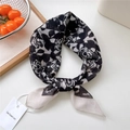Cotton linen square scarf with black and white rose floral print for hair or bag decor - Color Block Rose Black