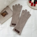 Detail of warm knit gloves with a branded leather patch on a cozy winter setting - One Size / Beige Coffee