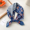 Blue floral printed linen silk scarf with vintage polka dots and orange edge trim - Four Grid Floral Polka Dot Blue
