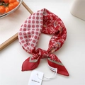 Red cotton linen square scarf with floral and polka dot print tied in a bow - Four Grid Floral Polka Dot Red