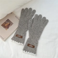 Detailed texture of grey knitted gloves with white lace trim and premium leather patch - One Size / Gray (5AUVD)