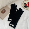 Detailed knit texture of black vertical striped gloves with a woven brand tag on wrist - One Size / Finger Touchscreen Style / Black
