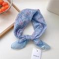 Light blue floral cotton linen square scarf with small pink flowers for hair or neck - Simple Leaf Egg Flower Blue