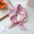 Pink cotton linen scarf with cherry and daisy prints tied as a stylish headband - Cherry White Chrysanthemum Pink
